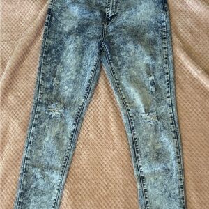 Acid Wash Distressed Skinny Jeans - Blue